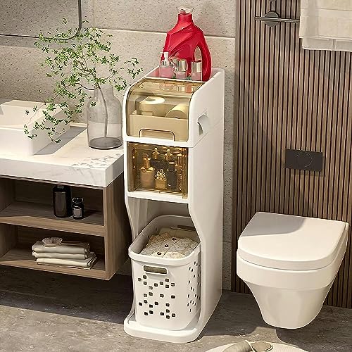 OPSREY 4 Tier Bathroom Floor Cabinet Laundry Hamper Cabinet, Slim Toilet Paper Storage Cabinet with Basket and Clear Drawers Narrow Tall Floor Ca