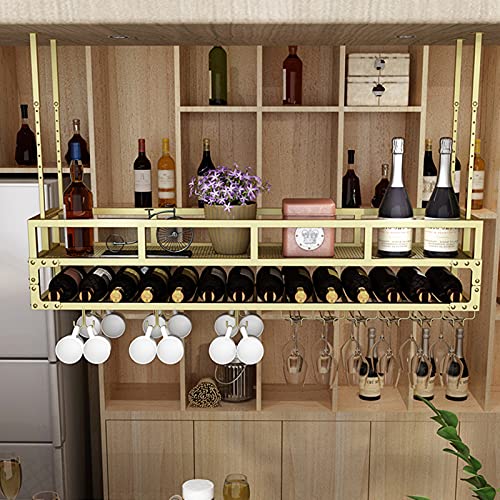 EMISOO Floating Wine Shelf with Glass Holder, Hanging Wine Rack Ceiling Stemware Shelf Wine Storage Display Rack for Under Cabinet Bar,Adjustable