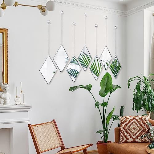 Qunclay Diamond Wall Mirror with Chain Hanging Mirror Set with Diamond Handle Frame Decorative Chain Mirror for Home Entryways Living Room Dining