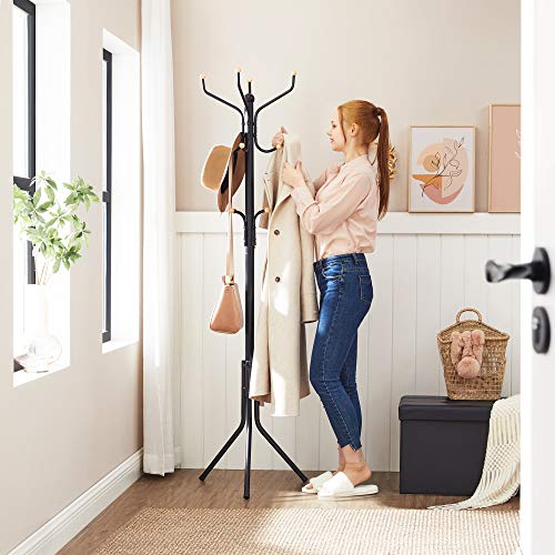 SONGMICS Metal Coat Rack, Clothes Stand, Hat Handbag Hanger, 182 cm Tall Hall Tree, Black RCR19B