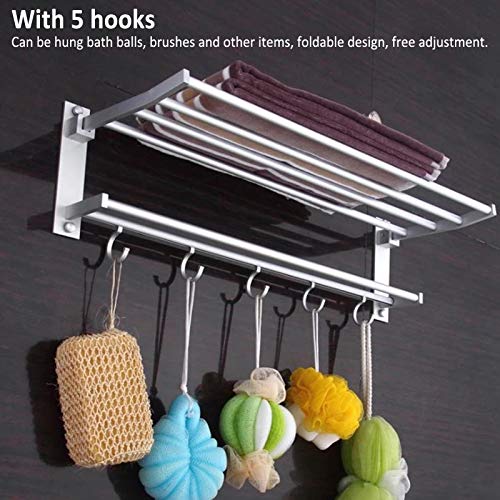 Fafeicy 40cm Stainless Steel Bathroom Towel Rail Rust Proof Wall Mounted Bath Drying Rack with 5 Hooks