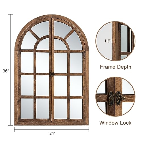Natsukage 36"x24"Arched Mirror Wall Window Mirror Farmhouse Decorative Mirror for Wall Wood Windowpane Mirror Wall Decor for Living Room, Bathroo