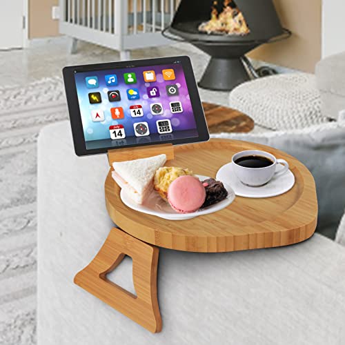 NewFree Bamboo Sofa Arm Tray Table, Tray Sofa Table for Wide Couches, Sofa Table with Rotating Phone Holder, Portable Stable Couch Armrest Sofa T