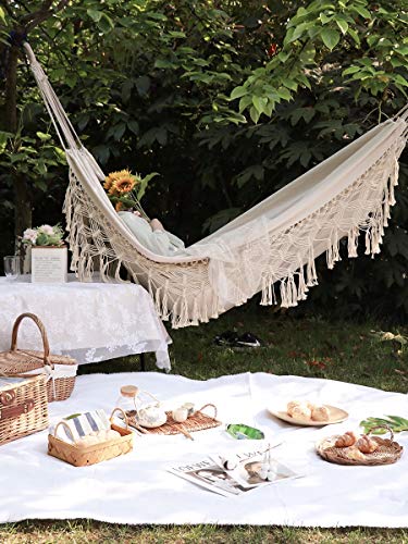 Outdoor Garden Hammock Double Beach Vacation Camping Climbing Traveling Hiking Picnic Outdoor Recreation suitable for 2 adults(White Cotton Canva