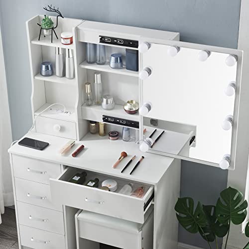 Vanity Desk, Makeup Vanity with Mirror and 10 LED Lights, Makeup Dressing Table with 6 Drawers and Chair, Vanity Table with 3 Lighting Modes for