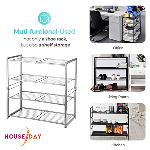 HOUSE DAY 4 Tier Shoe Rack Foldable Matte Shoe Storage Organiser Heavy Duty Metal Shoe Rack Multi-Functional Shoe Tower Shelf