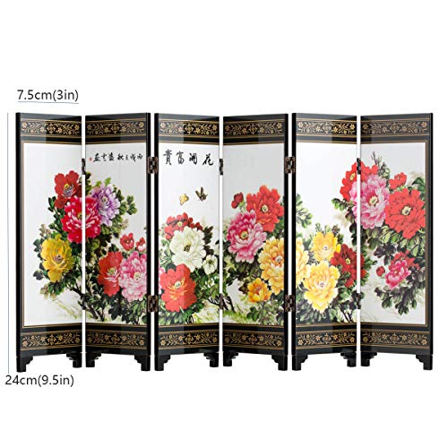 TJ Global 6-Panel Traditional Chinese Art for Home Decoration - Decorative Lacquerware, Home Decor, Lacquer, Oriental, Mini Divider (Peonies)