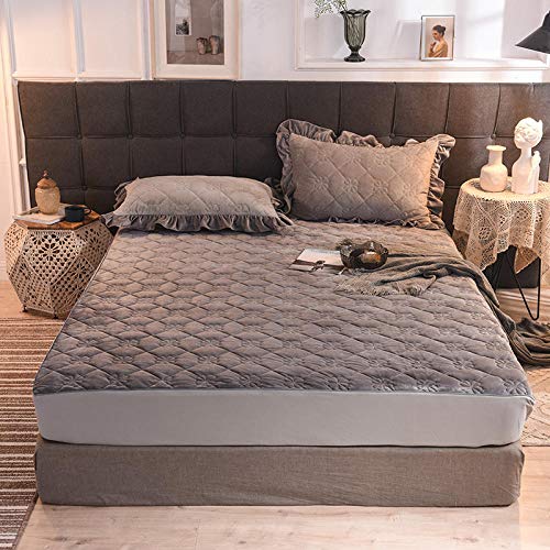 King Sheets Set,Thick Warm Winter Crystal Velvet Mattress Protection Cover, Bedroom Quilted Solid Color Non Slip Mattress Topper Bed Cover Dark B