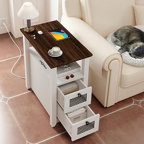 HDDDZSW Farmhouse XXL End Table with Charging Station, Narrow Side Table with USB Ports and Outlets, Nightstand with 2 Drawers Storage, Bedside T