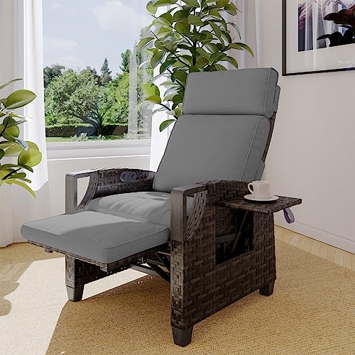 Grand patio Recliner PE Wicker, Adjustable Position Height Armchair with Flip Table and Cushion, Aluminum Frame, Lounge Chair for Indoor, Outdoor
