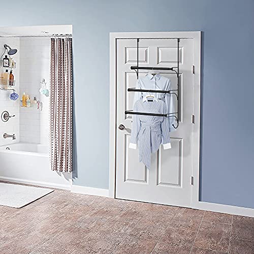 Over the Door Towel Rail - 3 Tier Bathroom Hanging Towel Rack with 2 Hooks - Expandable Towel Ladder for Towelsor Clothing - Black