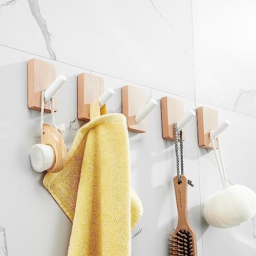 SARIHOSY Wooden and White Coat Hooks Wall Mounted, Wooden Shelves with Hooks, Coat Knobs Wooden White Pegs for Wall, Oak Coat Hooks Wall Mounted