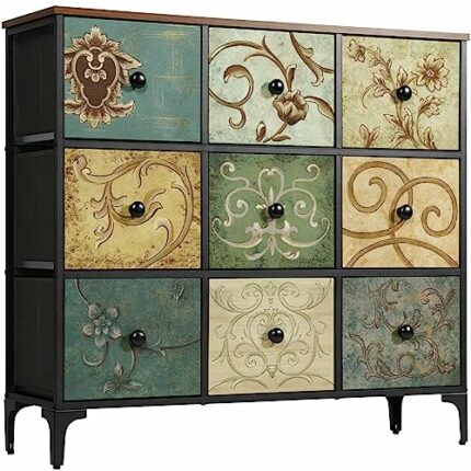AOPSEN Dresser with 9 Drawers, Tall Storage Dresser for Bedroom, Modern Chest of Drawers for Closet, Living Room, Nursery, Wooden Top, Fabric Dra