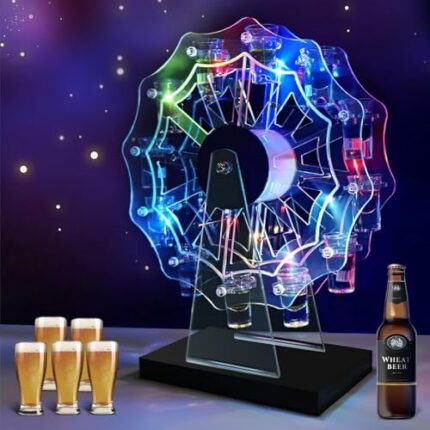 ALIMOTA Ferris Wheel Champagne Wine Display Holder, Tequila LED Liquor Ice Wine Stand, Cup Holder with Rotating LED Wine Rack and Cocktail Glass