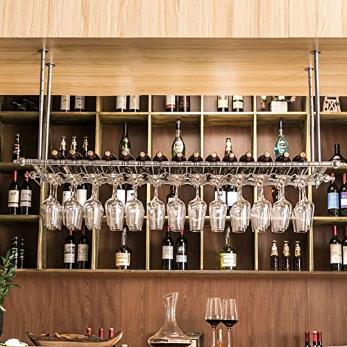 PIBM European Style Wine Rack Suspension Ceiling Wine Bottle Rack Bar|Restaurant Goblet Holder|Fashion Creative Wine Glass Rack J1022, Silver , L