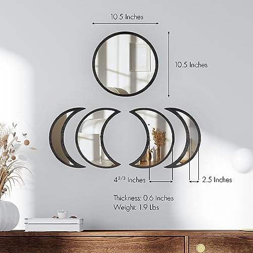 SHMITBERG Moon Phase Mirror Set -100% Real Glass - Engineered Wood (MDF) Black Frame - Moon Phase Mirror Wall Decor (Black) - Scandinavian Boho W