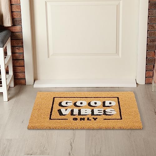 Relaxdays Welcome Coir Doormat, Good Vibes Coconut Mat, Shoe Scaper, Weatherproof, HxW: 40x60 cm, Natural/Black/White, Coco, Plastic, 60x40 cm