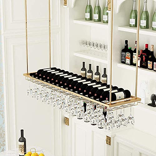 SUCHETA Hanging Wine Rack with Glass Holder and Shelf, Wine Rack Ceiling Wine Racks, Hanging Wine Glass Holder, Upside Down Home Wine Holder, Win