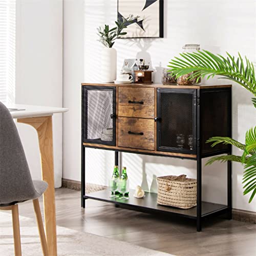 DSHGDJF Industrial Buffet Sideboard Kitchen Cabinet With Metal Mesh Doors And 2 Drawers