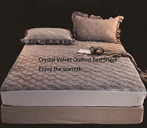King Sheets Set,Thick Warm Winter Crystal Velvet Mattress Protection Cover, Bedroom Quilted Solid Color Non Slip Mattress Topper Bed Cover Dark B