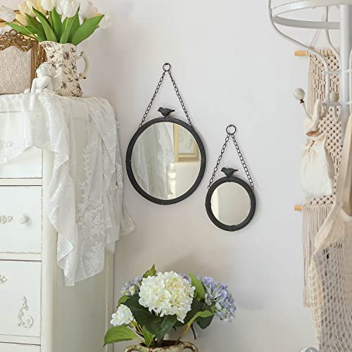 NIKKY HOME 11.25" Vintage Round Metal Framed Wall Mounted Mirror with Bird, in Matt Black 28.5 x 2.5 x 31.5 CM