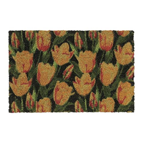 Relaxdays Doormat Coir Flower Tulips, 40 x 60 cm, Door Mat Inside & Outside, Non-Slip Wiper, Rectangular, Multicoloured