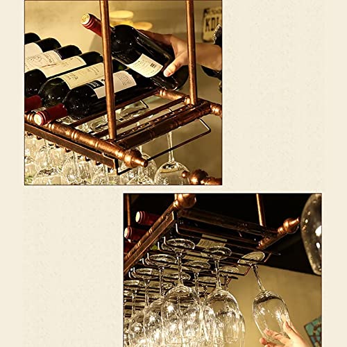 EYLINK Rustic Wine Bottles Holder, With Hanging Stemware Glasses Holder-Wall Mounted Metal Floating Shelf -Vintage Wine Storage Ceiling Wine Rack