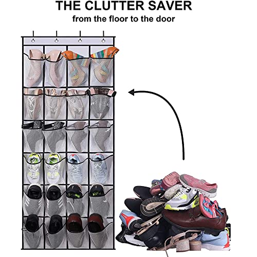 plastific Over the Door Shoe Storage Organiser Hanging Shoe Rack Holder Bag Wall Mounted with 24 Large Mesh Pockets for Wardrobe Door Slippers Ti