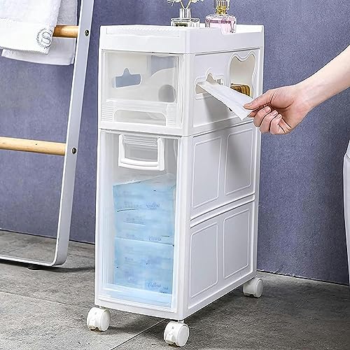 OPSREY Narrow Slim Bathroom Floor Cabinet, Skinny Toilet Paper Storage Cabinet with 4 Plastic Drawers and Casters Large Capacity Vertical Storage