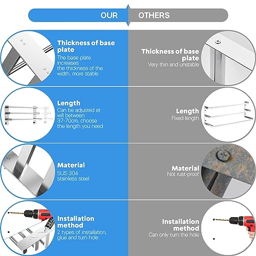 Otoomenz Towel Rail Wall Mounted 3-Tier Bath Towel Rack, 2 Installation Methods Adjustable 35.5-70cm Towel Holder, SUS 304 Stainless Steel Towel