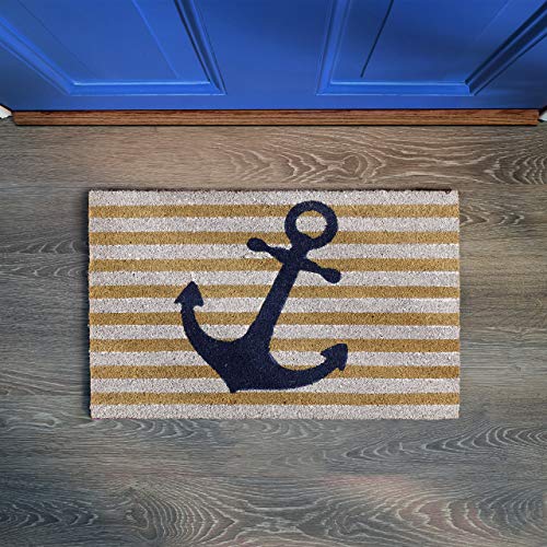 Relaxdays Striped Anchor Welcome Doormat Coir, 40 x 60 cm, Door Mat Inside & Outside, Non-Slip Shoe Wiper, Multicoloured
