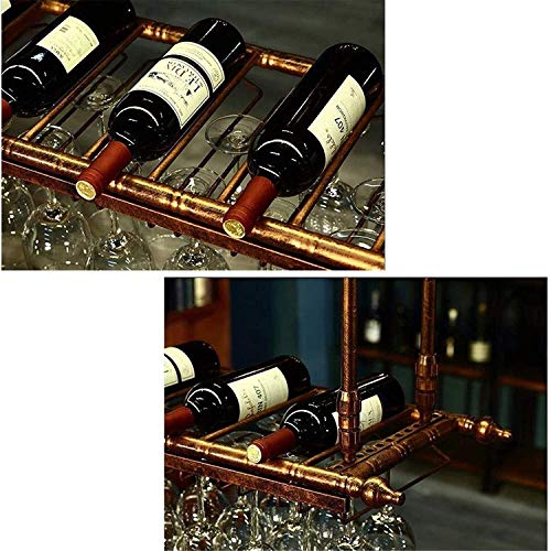 SUCHETA Hanging Wine Rack with Glass Holder and Shelf, Adjustable Height Wine Rack Ceiling Wine Racks Hanging Wine Glass Holder Vintage Wine Bott