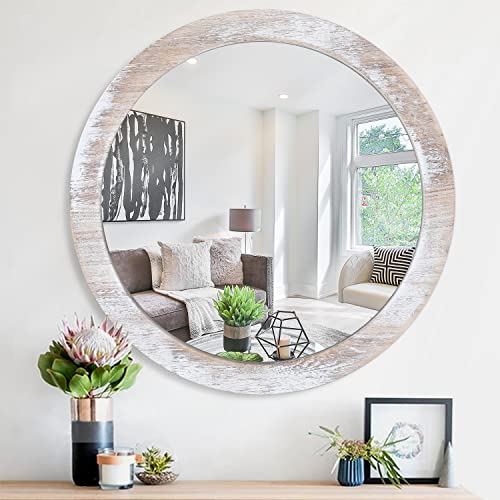 JJUUYOU Rustic Circle Wall Mirror 50CM for Home Decor Rustic White Round Mirror for Bathroom Wall decor Wood Frame Mirror for Living Room, Bedroo
