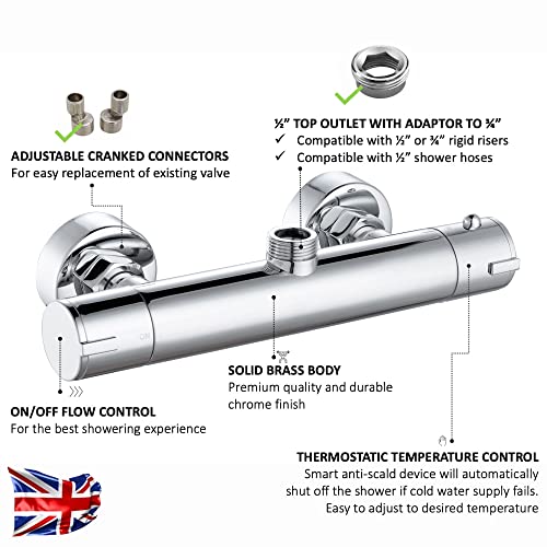 ENKI, Dune, T22, Chrome, Thermostatic Shower Mixer Valve, Bar Shower Mixer Valve, Anti Scald Device, Modern Design, Constant Temperature Control,