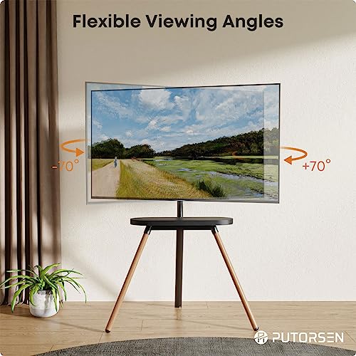 PUTORSEN Easel TV Tripod Stand for 43 to 65 Inch LED LCD Screens, Height Adjustment TV Floor Stand with TV Shelf and Solid Wood Tripod Base, Swiv