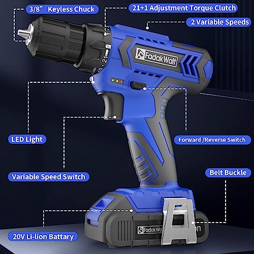 FADAWALT Power Cordless Drill Driver, 20V Cordless Drill and Screwdriver Set, Electric Combi Drill Kit 21+1 Torque, DIY Accessory Set, 2 Variable