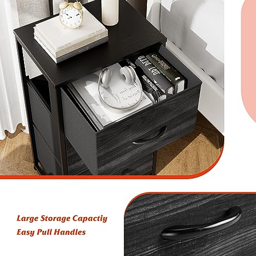 Nicehill nightstand, Wooden top Board, Fabric, Steel Frame, Black Wood Grain, 3-Drawer