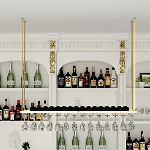 EMISOO Ceiling Mounted Wine Rack and Glass Holder,Adjustable Industrial Wine Racks Shelf Hanging Stemware Glass Shelf for Bar Metal Wine Shelf (S