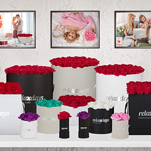 Relaxdays Round Flowerbox with 8 Faux Roses, Black Box, Last 10 Years, Gift, Decorative Bouquet, Red, 17 x 17 x 17 cm