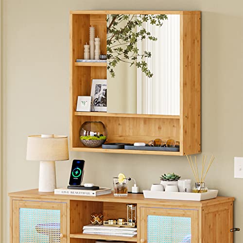 FORABAMB Medicine Cabinet with Mirror, Bathroom Vanity Mirror Cabinets Wall Mounted with Storage Shelves, Bamboo Hanging Wall Cabinet with Door a
