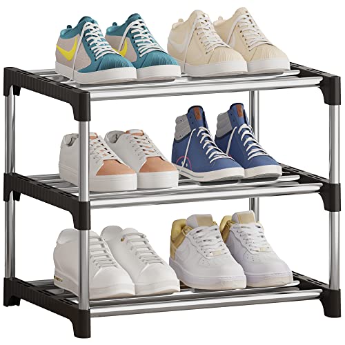 NIAWECAN Small Shoe Rack, Stackable Shoe Rack 3 Tier, Footware Storage, Lightweight Shoe Rack Storage Organizer, Sturdy Narrow Shoe Shelf for Clo