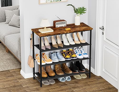 HOMIDEC Shoe Rack, 4-Tier Shoe Storage Shelves with Wooden Top, Shoe Organiser for 12-16 Pairs of Shoes, Dust-proof Fabric Shelves for Flats, Boo