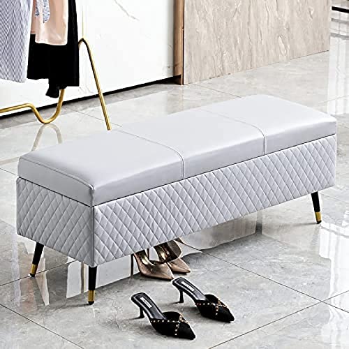 Leather Storage Bench,Premium Storage Bench End Of Bed Upholstered Bench,Modern Bedroom Bench Entryway Bench,Grey,120X40X45Cm(47X16X18Inch)