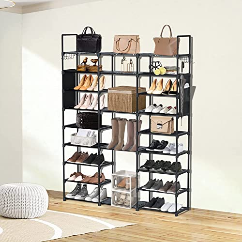 Free-Standing Shoe Rack Organizer, Garage Shoe Storage Organizer with Side Hooks & Pockets, Metal Shoe Rack for Garage, Entryway, Holds 50 Pairs