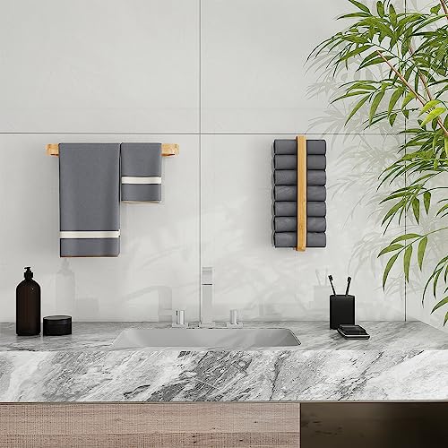 JS Towel Rack Wall Mounted Towel Storage 55cm Towel Rail Bathroom Hand Towel Holder Self Adhesive Bamboo Wood Natural