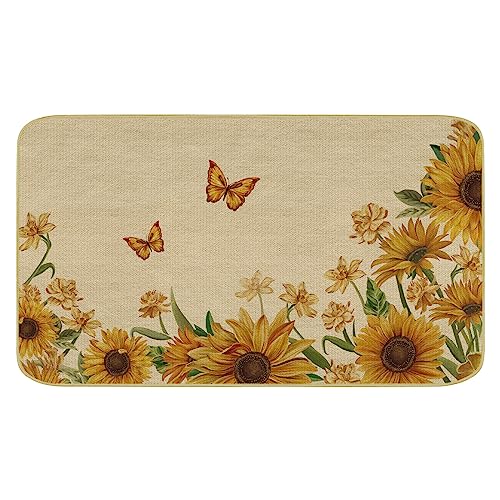 comfoyar Sunflower Butterfly Doormat, Decorative Welcome Mats for Front Door, Non Slip Absorbent Floor Mat, Washable Rug Dirt Trapper for Garage