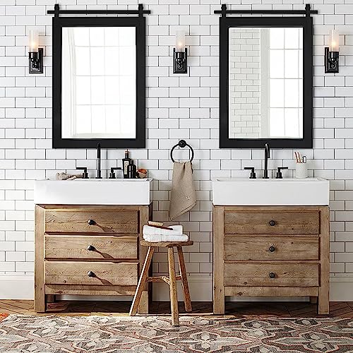 Farmhouse Bathroom Mirror Rustic Wall Mirror Barn Door Style Wood Framed Square Vanity Mirrors for Wall Decor 20x28 inch Black Wall Mounted Dress