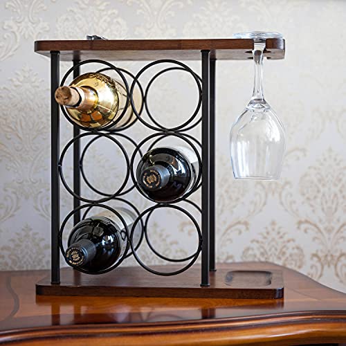 LINGLAN Wine Rack 6 Bottles, Countertop Wine Bottles Holder Racks, 3 Tier Wine Display Shelves with 2 Wine Glass Drying Rack