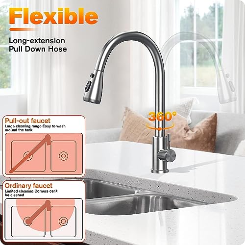 Kitchen Sink Taps Mixer with Pull Out Spray, Single Handle High Arc Commercial Stainless Steel Kitchen Faucet Suitable for UK Standard Fittings B