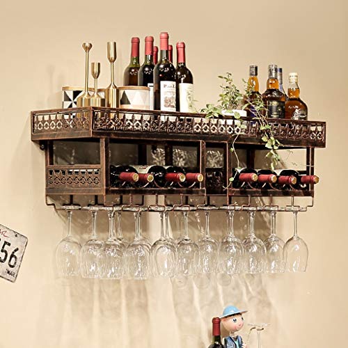 Industrial Vintage 2-Tier Wine Racks Wall Mounted, Rustic Metal Hanging Wine Bottle Holder Goblet Stemware Rack, Wall Wine Holder for Bar Wine Ce